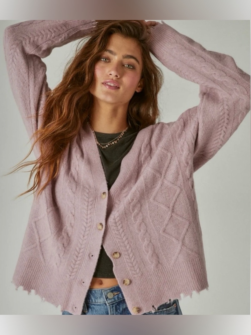Lucky Brand Dusty Lilac Cable Knit Cardigan Sweater Medium Distressed Hem